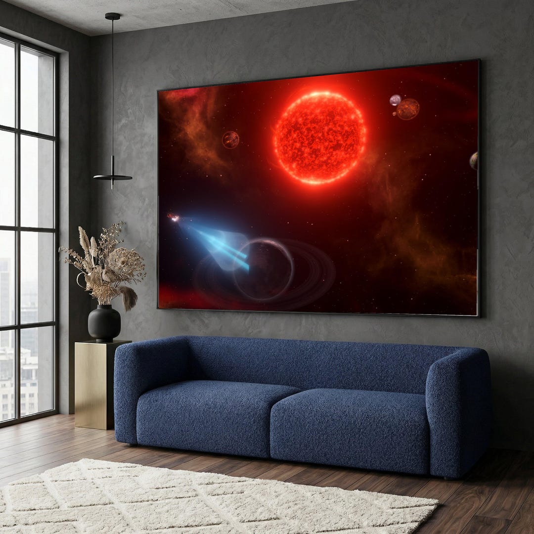 Red Ringed Sun Deep Space Red Sun and Ringed Planet Canvas, Sci-fi Cosmic Wall Art ...