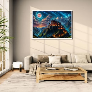 Fantasy Castle Canvas Print | Magical Landscape Wall Art | Celestial Sky Painting | Mystical Decor Magical Kingdom Art Print