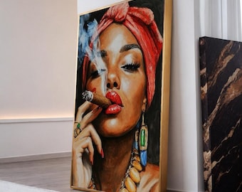 Bold Woman with Cigar Canvas Print, Red Turban Portrait Art, Contemporary Afro-Centric Wall Decor