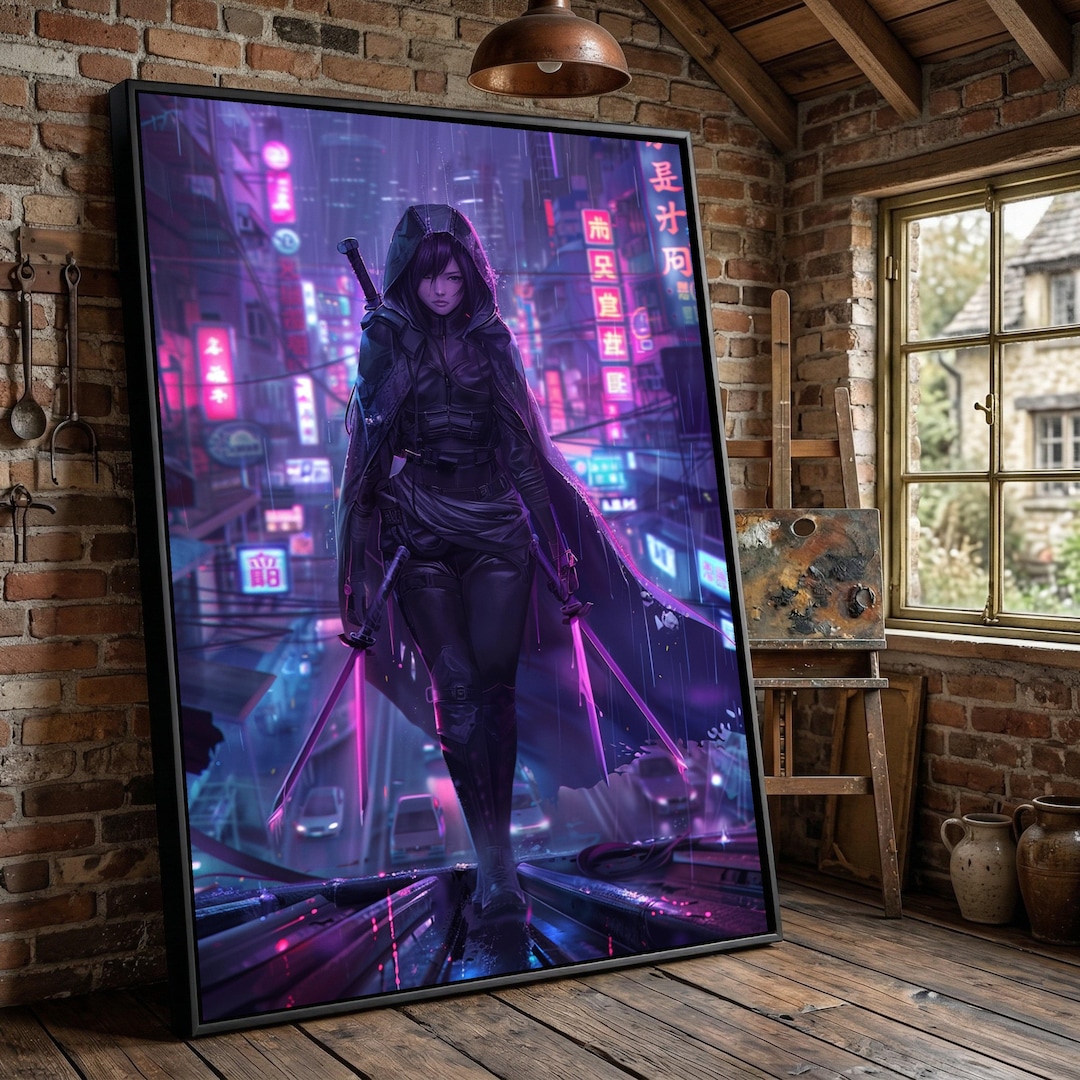 Cyberpunk Assassin Woman Canvas, Neon Futuristic City Wall Art - Etsy