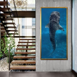 以下が含まれることがあります： 青い海を泳ぐジンベイザメを描いた額入りのアートプリント。ジンベイザメは濃いグレーで、白い斑点と白い腹部があります。フレームは金色です。