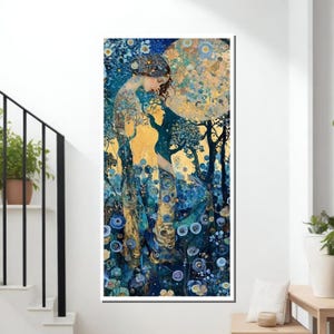 Gustav Klimt Inspired Art Print, Blue and Gold Floral Woman&quot;