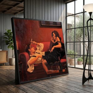 Couple romantique vintage fumant sur une toile de canapé rouge, oeuvre d'art murale élégante scène de nuit, décoration d'intérieur intime, peinture sur toile de style rétro