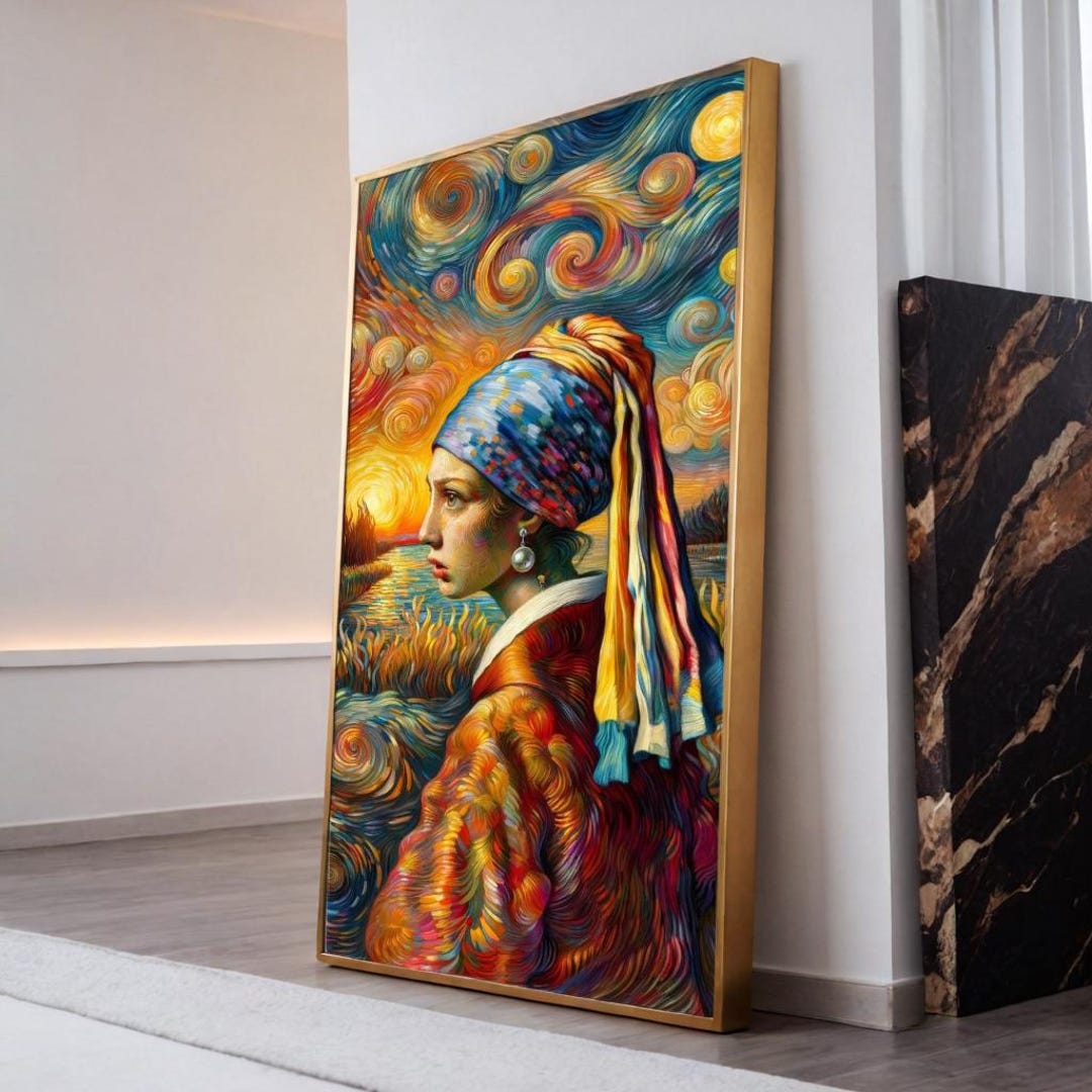 Starry Night Girl With a Pearl Earring Print, Vertical Van Gogh Vermeer ...