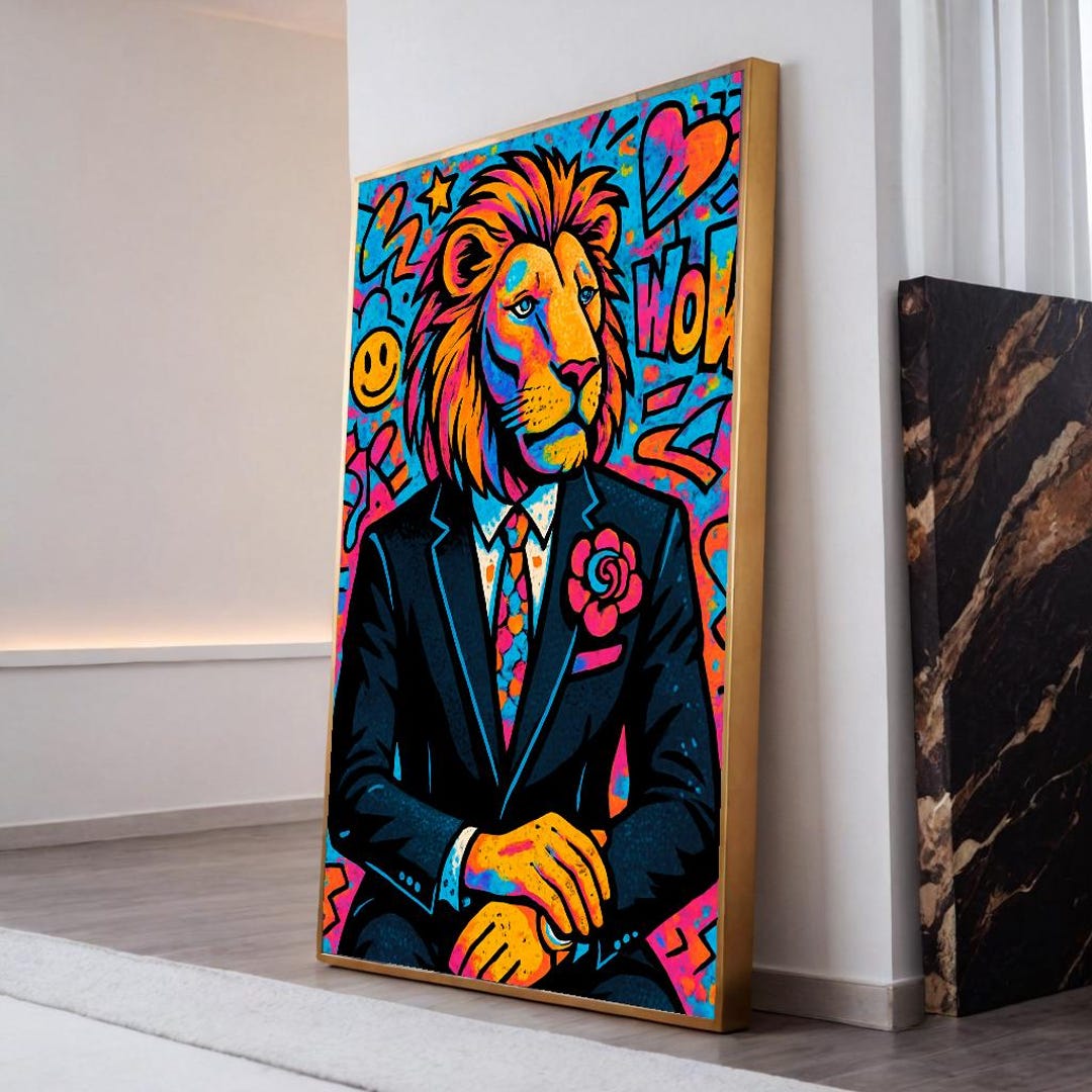 Lion in Suit Art Print | Neon Graffiti Animal Wall Decor - Etsy