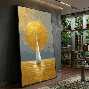 Strukturiertes Gold Segelboot Wandkunst - Große abstrakte Ozean Leinwand Druck - Minimalistisches Grau und Gold Nautisches Dekor