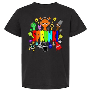 May include: Black t-shirt with a colorful graphic of cartoon characters surrounding the word "SPRUNKI!"