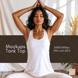Pode incluir: Maquete de camiseta sem mangas branca com o texto "Mockups Tank Top" em um fundo marrom. A imagem também inclui o texto "2000x2000px PNG and JPEG". A camiseta sem mangas está sendo usada por uma pessoa.