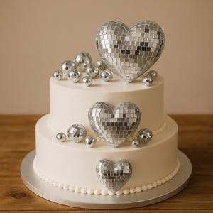 May include: A two-tiered white cake decorated with silver disco ball hearts and spheres. The cake sits on a silver cake stand and is decorated with small white pearls around the base of each tier. The cake is on a wooden surface.