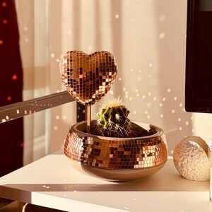 May include: A small cactus in a round, mosaic-tiled planter with a matching heart-shaped decoration. The planter and heart are covered in small, reflective tiles, creating a disco ball effect. The cactus is green with sharp spines.