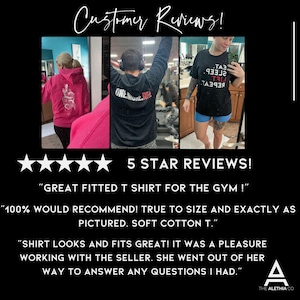 May include: Image showcasing customer reviews for apparel. The image features three photos of people wearing different shirts and hoodies. Text includes "5 STAR REVIEWS!" and customer quotes praising the fit and quality of the clothing.