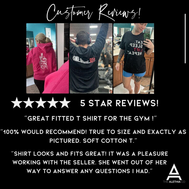 May include: Image showcasing customer reviews for apparel. The image features three photos of people wearing different shirts and hoodies. Text includes "5 STAR REVIEWS!" and customer quotes praising the fit and quality of the clothing.
