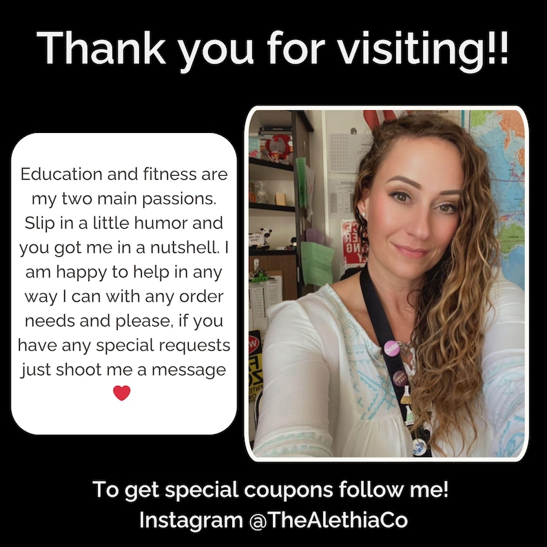 May include: Image with the text "Thank you for visiting!!" and a photo of a woman. Text on the left says "Education and fitness are my two main passions..." and "To get special coupons follow me! Instagram @TheAlethiaCo."