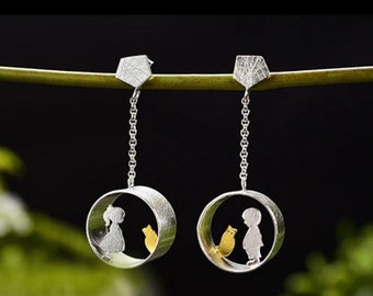 Cat boy girl Sterling Sliver Dangle Earrings - S925 Silver + Gold Plated - Cat Earrings - Cat Lover Gift - Designer Jewelry - Gift for Her