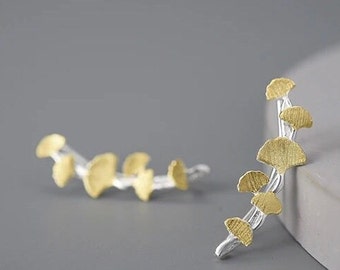 Gingko Leaves Branch Stud Earrings - Exquisite Sterling Silver and Gold-Plated Ginkgo Leaves - Nature inspired Elegance - Gifts for her