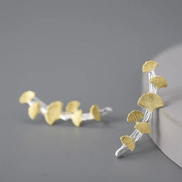 Gingko Leaves Branch Stud Earrings - Exquisite Sterling Silver and Gold-Plated Ginkgo Leaves - Nature inspired Elegance - Gifts for her