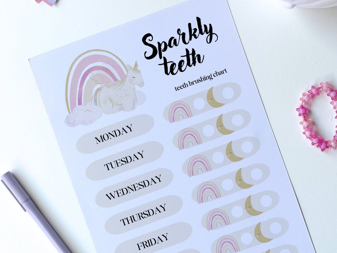 Rainbow Unicorn Brushing Teeth Chart, Brush Your Teeth Morning and