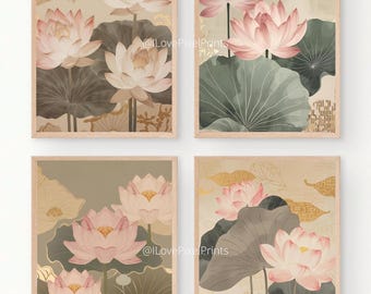 May include: Four framed art prints featuring watercolor illustrations of lotus flowers. The flowers are depicted in shades of pink and white, with green leaves and gold accents. The prints have a beige background and are labeled with "@ILovePixelPrints".