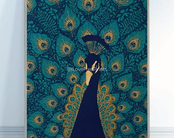 Peacock Wall Art | Teal & Gold Feather Print (PDF)