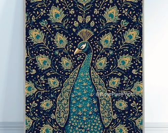 Peacock Wall Art Print | Teal & Gold Botanical Design (Digital Download)