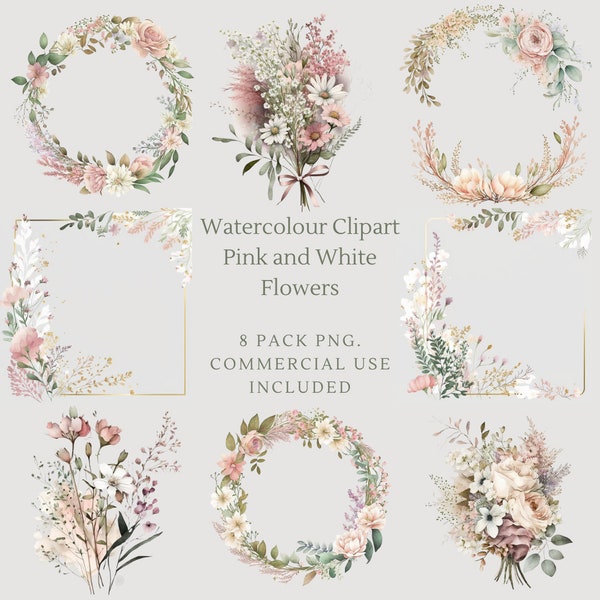 Wild floral clipart - Watercolor flowers - Wild floral boarder - Wedding clipart - Pink and White Flowers - Wild Flower - Invitation clipart