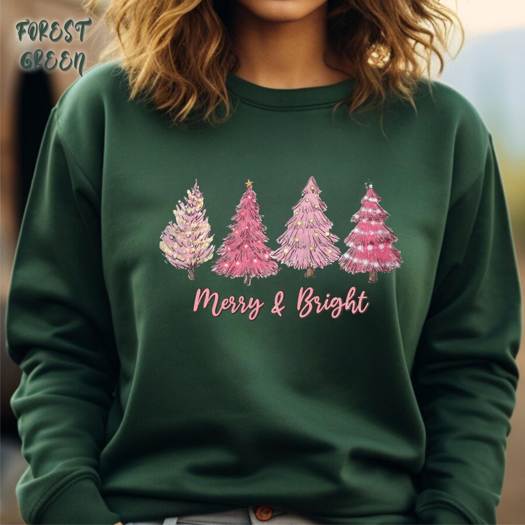 Merry and Bright Pink Tree Sweater, Cozy Pink Christmas Tree Sweater ...