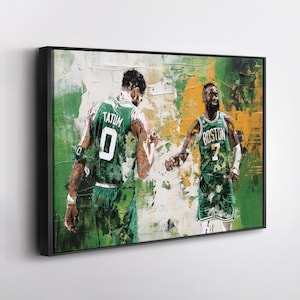 May include: Framed canvas art featuring two basketball players in green jerseys, one with "TATUM 0" and the other with "BOSTON 7". The artwork has a textured, abstract background in green, white, and yellow.