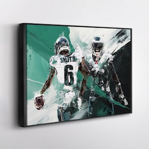May include: Abstract art print featuring two football players in white and green uniforms. One player is wearing the number 6 and the name "Smith" on the back. The other player is wearing the number 11. The background has green and black brushstrokes.