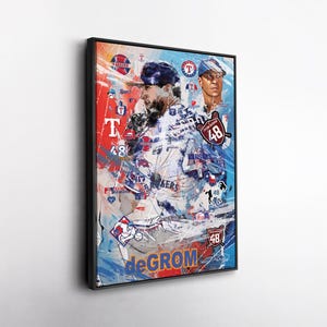 May include: A framed art print featuring a baseball player in a Rangers uniform. The artwork has a mixed media style with red, blue, and white colors. The player's name, "deGROM", and the number "48" are visible. The background includes team logos.