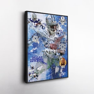 May include: Framed artwork featuring a collage of images of a football player in a Dallas Cowboys uniform. The artwork has a blue and white color scheme with the words "DALLAS COWBOYS" and the number "22" visible.