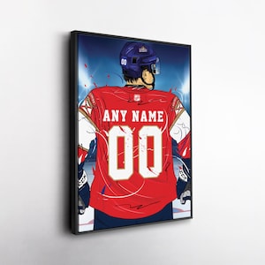 May include: Framed artwork of a hockey player from the back, wearing a red jersey with the text "ANY NAME" and the number "00". The player is wearing a blue helmet and gloves. The background shows a hockey rink with blue and white lighting.