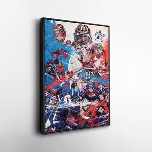 May include: Framed art print featuring a collage of hockey players in red, white, and blue. The artwork includes a goalie in a helmet and other players in action. The background has a textured, abstract design.