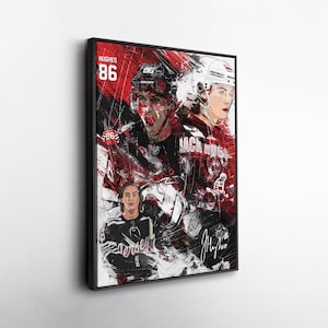 May include: A framed art print featuring a dynamic illustration of a hockey player in action. The artwork uses a bold color palette of red, black, and white, with the player's jersey number '86' prominently displayed. The print includes the name "Jack Hughes".