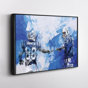 May include: Abstract painting of two football players in blue and white uniforms, one with the name "Harrison" on the jersey. The artwork features bold brushstrokes and a dynamic composition, set against a backdrop of swirling blue hues.
