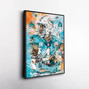 May include: Framed art print featuring a stylized illustration of an American football player in a teal and white uniform. The artwork has a textured, abstract style with the team's logo and other players in the background. The print is set against an orange and blue background.