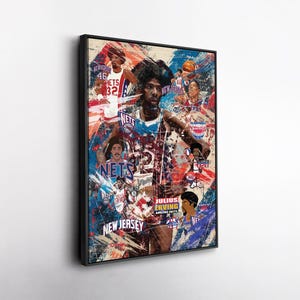 May include: A framed print featuring a collage of basketball imagery. The artwork prominently displays a portrait of Julius Erving in a Nets jersey, with the words "New Jersey" and "Julius Erving Amazing Facts" visible. The background has a mix of colors.