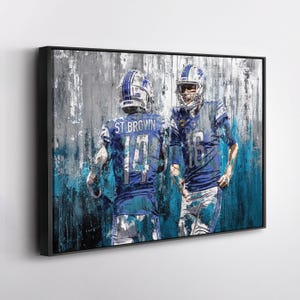 Jared Goff & Amon-Ra St. Brown Detroit Lions NFL Poster – Abstract Canvas Wall Art, Framed Print, Ideal for Man Cave, Fan Gift