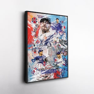 May include: A framed art print featuring a collage of baseball players in action. The artwork showcases the Texas Rangers team, with a mix of action shots and team logos. The color palette includes red, white, blue, and various shades of gray.