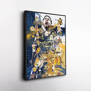 May include: Framed artwork featuring a collage of Indiana Pacers basketball imagery. The design incorporates player illustrations, team logos, and the word "Indiana" in a distressed style. Dominant colors are navy blue, yellow, and white.