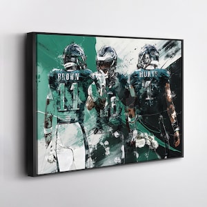 A.J. Brown, Saquon Barkley & Jalen Hurts Eagles Poster – Abstract Canvas Wall Art, Framed Print, Perfect for Man Cave, Fan Gift