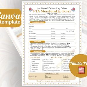 PTA PTO Volunteer Membership Sign Up Form | Back to School Registration | Editable Canva Template | Instant Download | Fillable PDF