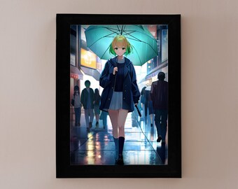 Anime Poster Girl walking in the Rain in the City Illustration Art30