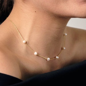Elegant Pearl Station Necklace • Dainty Gold Pearl Necklace • Freshwater Pearl Station Necklace • Pearl Necklace • Wedding Gifts for Her