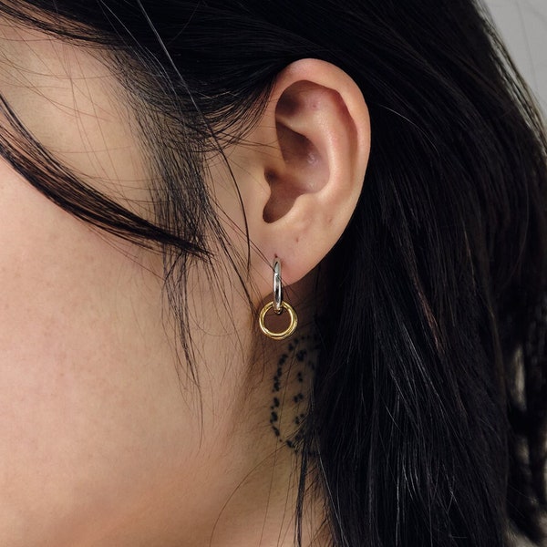 Sora Link Earrings • Two-Tone Earrings • Minimalist Drop Earrings • Dangle Drop Vintage Style Earrings • Hoop Earring Modern Vintage Jewelry