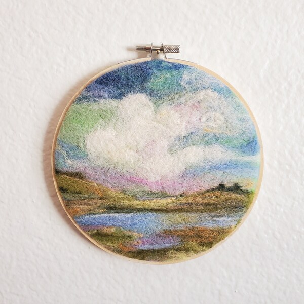 Needle-felted serene landscape fiber art, clouds wool painting,  unique wall hanging, small wool art, pond, marshland, in embroidery hoop