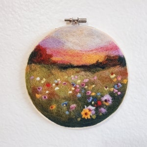 Flowers in a meadow at sunset Wool art Needle felted painting in 6x6" embroidery hoop, handmade wool landscape painting, Spring floral art