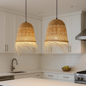 Handmade wooden Lamp, Hanging boho lamp, Handwoven Natural fiber lamp.