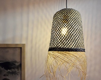 Natürliche hängende Kronleuchter-Boho-Lampe, schwarzer Lampenschirm, Lampenschirm natürlich gewebt, skandinavisch, rustikal, Cottage