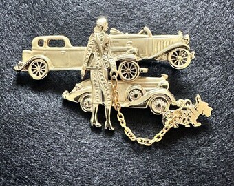 Vintage Rolls Royce Car Lady Scottie Dog Brooch Pin Large Gold Tone 2 3/4”