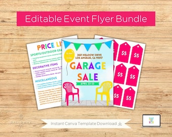 Paquete de folletos de venta de garaje, etiquetas de precios editables y lista de verificación (descarga digital)